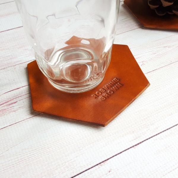 2 x Personalized Hexagon Leather Coasters - Custom Name Coaster - Housewarming Wedding Anniversary Gift - Holiday Gift