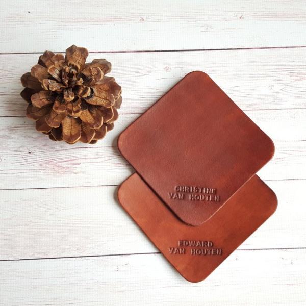 Custom Leather Coasters - Personalized Drink Coasters - Housewarming Gift - Leather Anniversary Gift for Him - Birthday Gift Set of 2