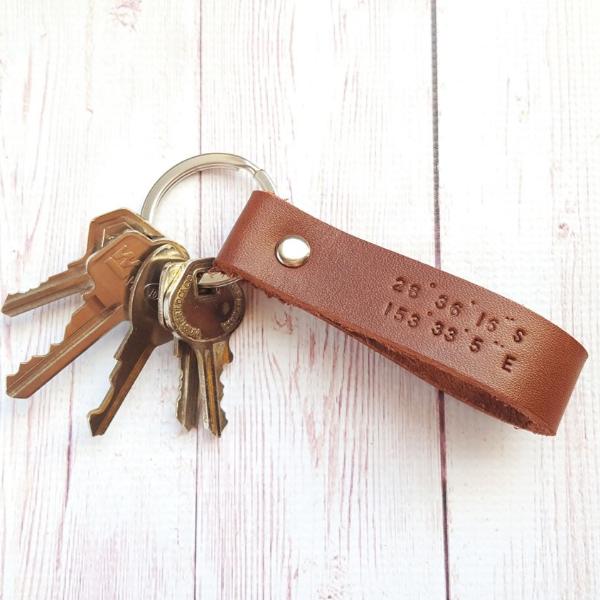 Personalized Coordinate Leather Keychain - Custom Latitude Longitude Key Fob - Third Anniversary Gift for Him - Long Distance Boyfriend Gift