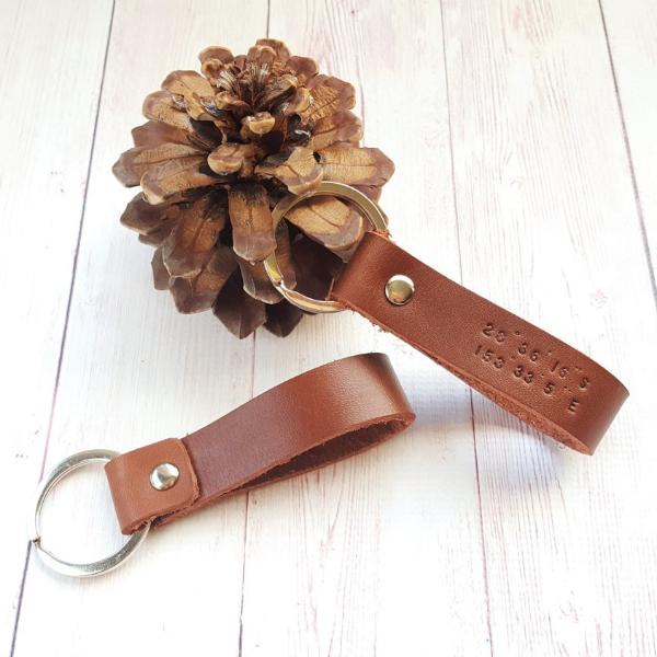 Personalized Coordinate Leather Keychain - Custom Latitude Longitude Key Fob - Third Anniversary Gift for Him - Long Distance Boyfriend Gift