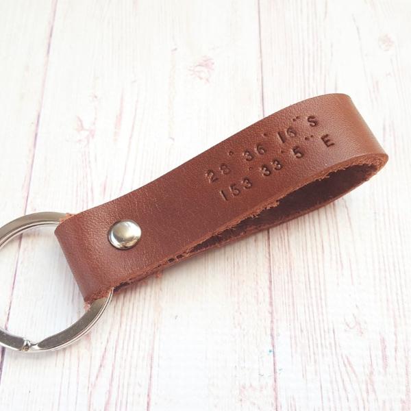 Personalized Coordinate Leather Keychain - Custom Latitude Longitude Key Fob - Third Anniversary Gift for Him - Long Distance Boyfriend Gift