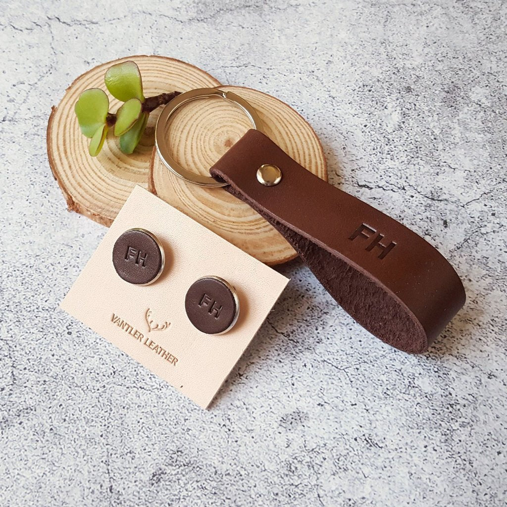 Personalized Leather Cufflinks and Key Ring - Custom Gift for Him - Groomsmen Gift Set - Anniversary Gift - Valentines Gift