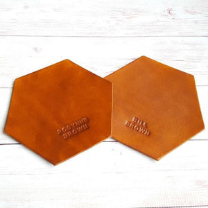 2 x Personalized Hexagon Leather Coasters - Custom Name Coaster - Housewarming Wedding Anniversary Gift - Holiday Gift