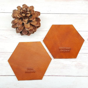 2 x Personalized Hexagon Leather Coasters - Custom Name Coaster - Housewarming Wedding Anniversary Gift - Holiday Gift